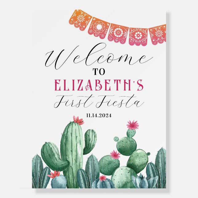 Fiesta Cactus Welcome Birthday Party Sign (Front)