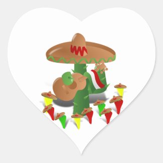 Fiesta Cactus with Guitar & Dancing Peppers Heart Sticker