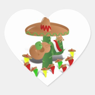 Fiesta Cactus with Guitar & Dancing Peppers Heart Sticker