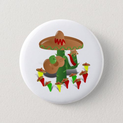 Fiesta Cactus with Guitar  Dancing Peppers Pinback Button