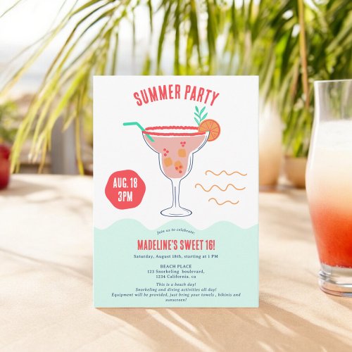 Fiesta Cocktail illustration summer beach Sweet 16 Invitation
