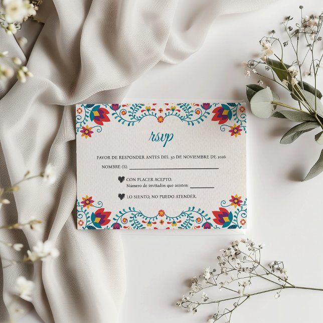 Fiesta Colorful Botanical Floral Spanish Wedding RSVP Card (Fiesta Colorful Botanical Floral Spanish Wedding RSVP Card)