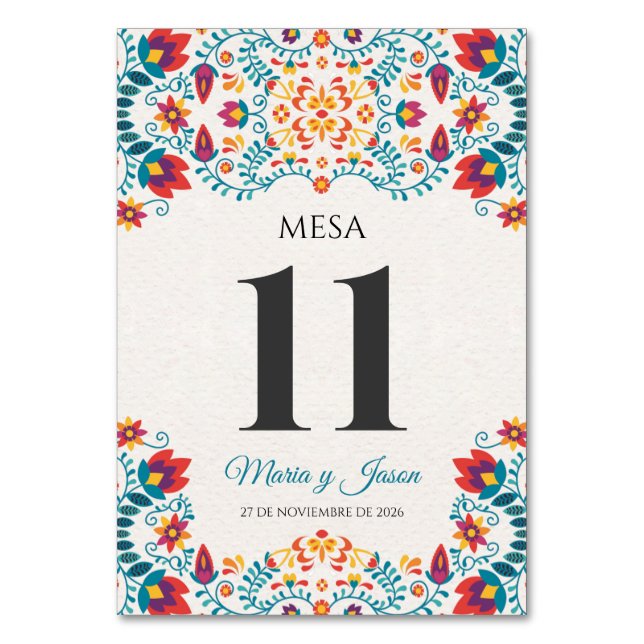 Fiesta Colorful Botanical Floral Spanish Wedding Table Number (Front)