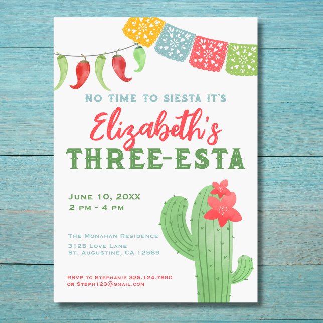 Fiesta Colorful Cactus Three-esta Birthday  Invitation (Creator Uploaded)