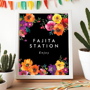 Fiesta Colorful Floral Black Food Station Sign