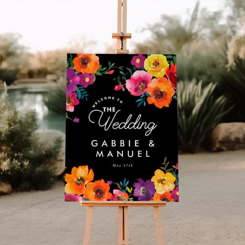 Fiesta Colorful Floral Black Wedding Welcome Sign