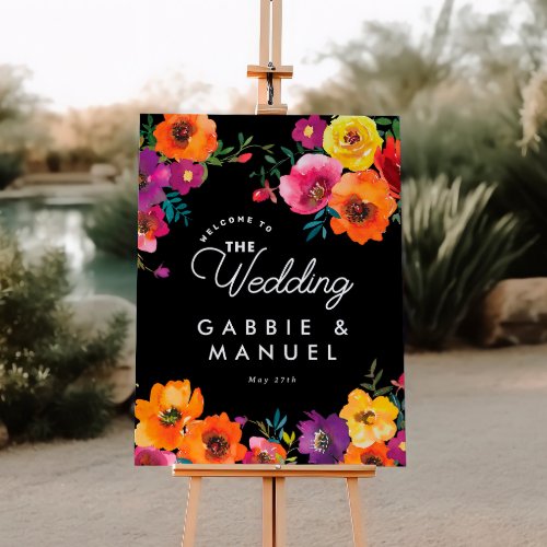 Fiesta Colorful Floral Black Wedding Welcome Sign