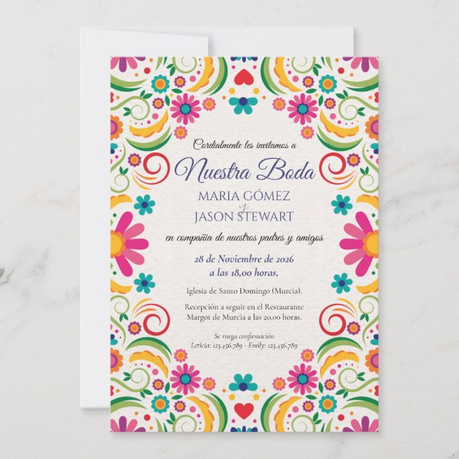 Fiesta Colorful Floral Botanical Spanish Wedding Invitation (Front)
