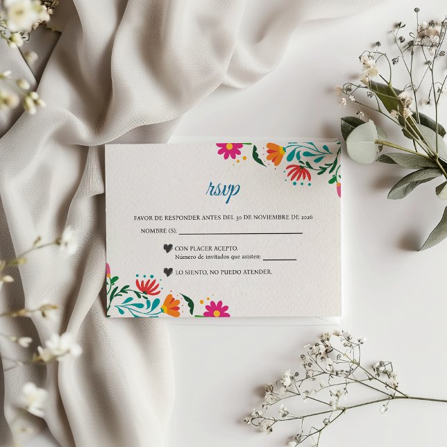 Fiesta Colorful Floral Modern Boda Spanish Wedding RSVP Card (Fiesta Colorful Floral Modern Boda Spanish Wedding RSVP Card)