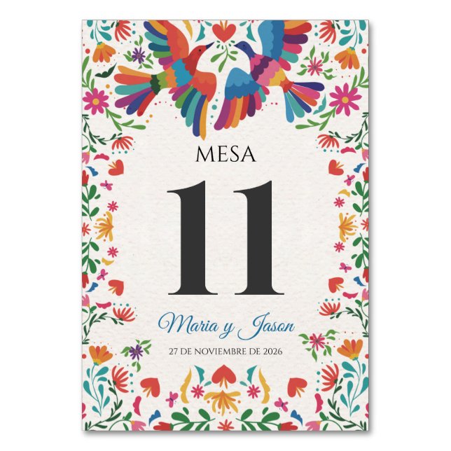 Fiesta Colorful Floral Modern Boda Spanish Wedding Table Number (Front)