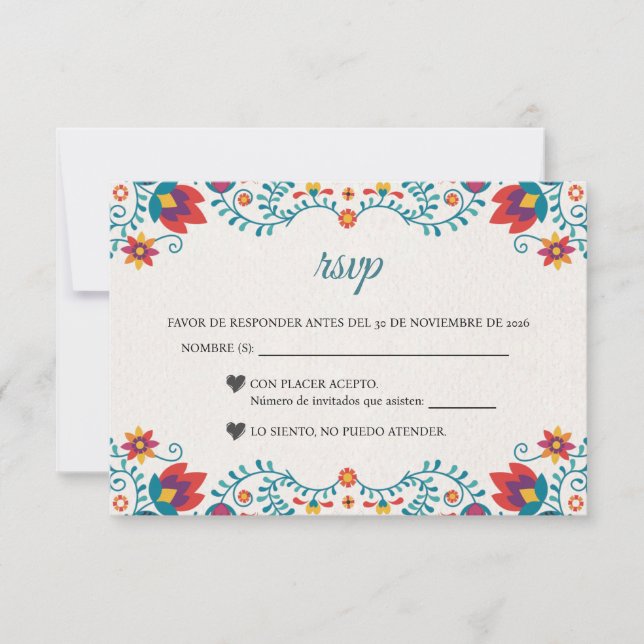 Fiesta Colorful Floral Spanish Wedding RSVP Card (Front)