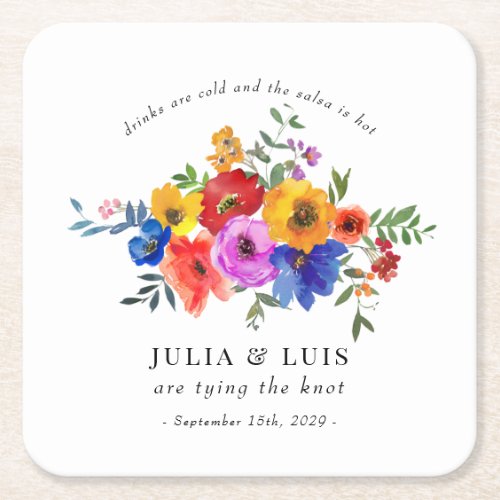 Fiesta Colorful Flower Wedding Engagement Square Paper Coaster