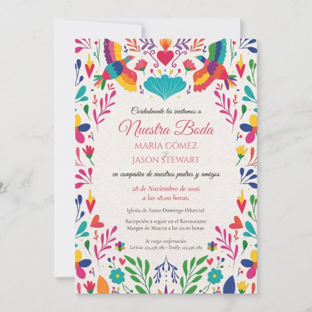 Fiesta Colorful Folk Art Floral Spanish Wedding Invitation (Front)