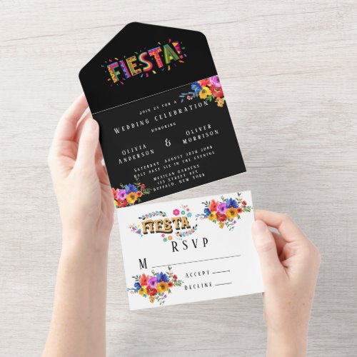 Fiesta Colorful Watercolor Floral Wedding All In One Invitation