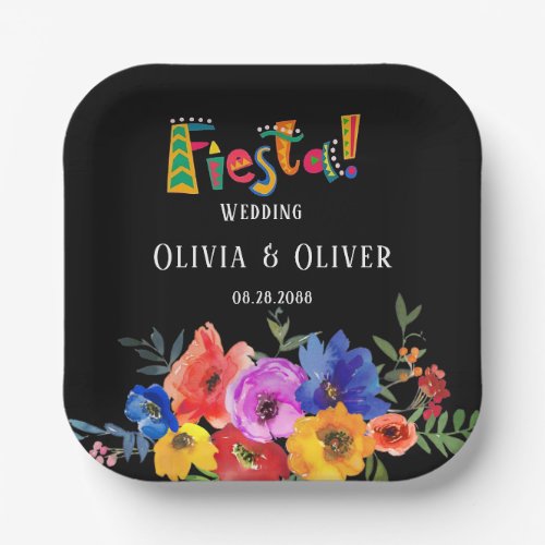 Fiesta Colorful Watercolor Floral Wedding Paper Plates