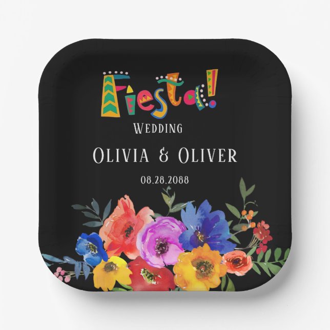 Fiesta Colorful Watercolor Floral Wedding Paper Plates (Front)
