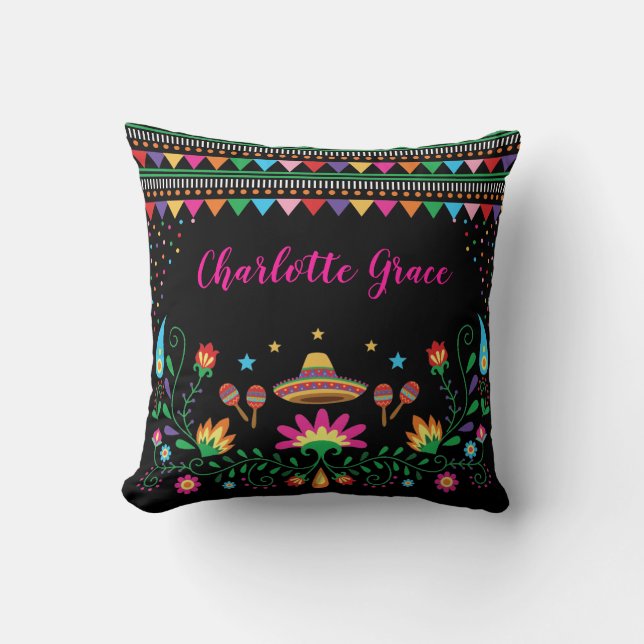 Fiesta Confetti Pattern Mexican Floral Throw Pillow (Front)