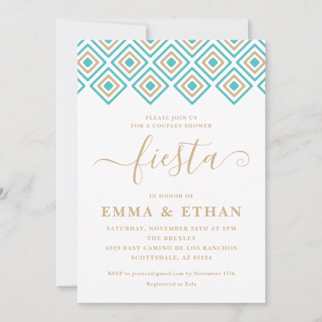 Fiesta Couples Shower Invitation, Blue and Gold Invitation (Front)