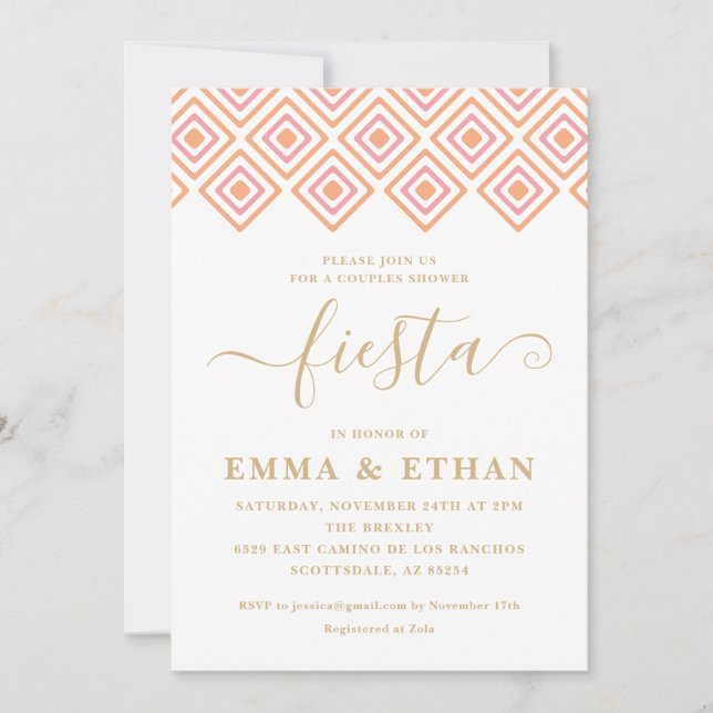 Fiesta Couples Shower Invitation, Pink and Gold Invitation (Front)