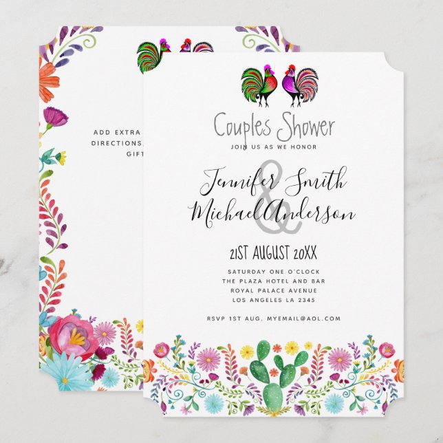 Fiesta Couples Showers Folk Art Flowers Invitation (Front/Back)