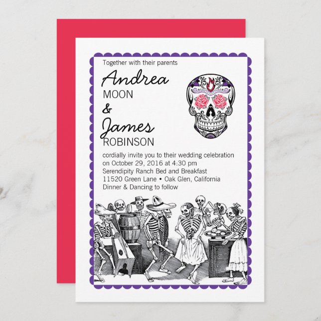 Fiesta Dancing Skeletons Skull Wedding Invitations (Front/Back)