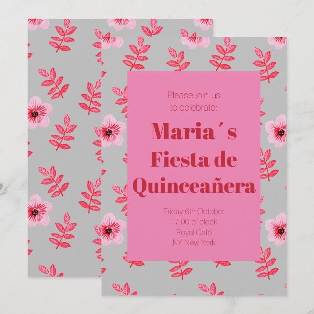 Fiesta de Quinceañera Flores Acuarela Birthday Invitation (Front/Back)