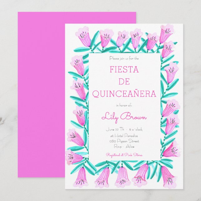 Fiesta de Quinceañera Invitation Flores Rosa (Front/Back)
