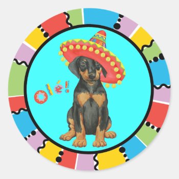 Fiesta Doberman Pinscher Classic Round Sticker by DogsInk at Zazzle