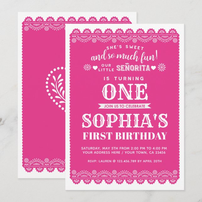 Fiesta First Birthday, Papel Picado, 1st Birthday Invitation (Front/Back)