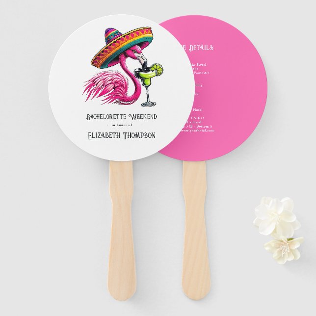 Fiesta Flamingo Bachelorette Weekend Itinerary Hand Fan (Front and Back)
