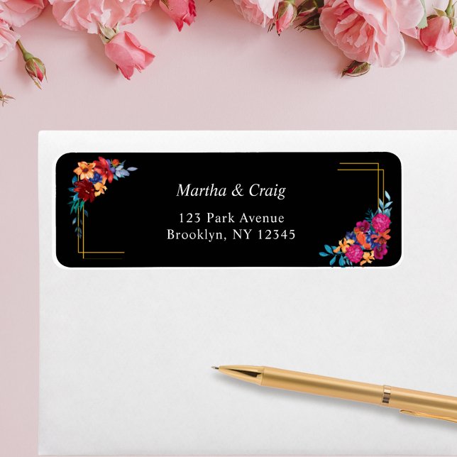 Fiesta Floral Black Wedding Return Address Label (Creator Uploaded)
