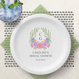 Fiesta Floral Monogram Crest Bridal Shower Paper Plates