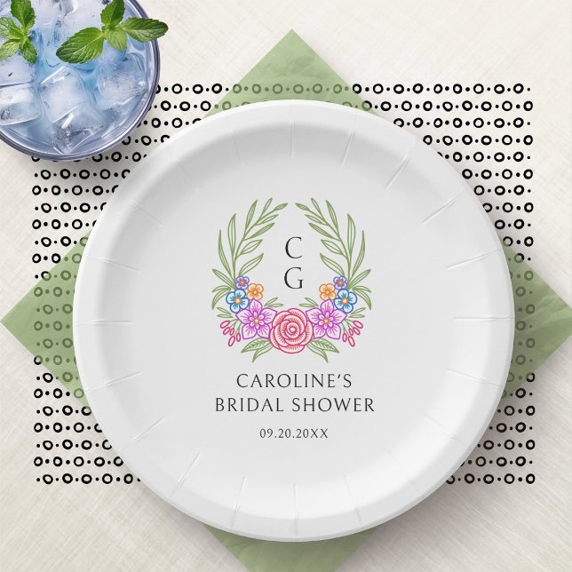 Fiesta Floral Monogram Crest Bridal Shower Paper Plates (Creator Uploaded)