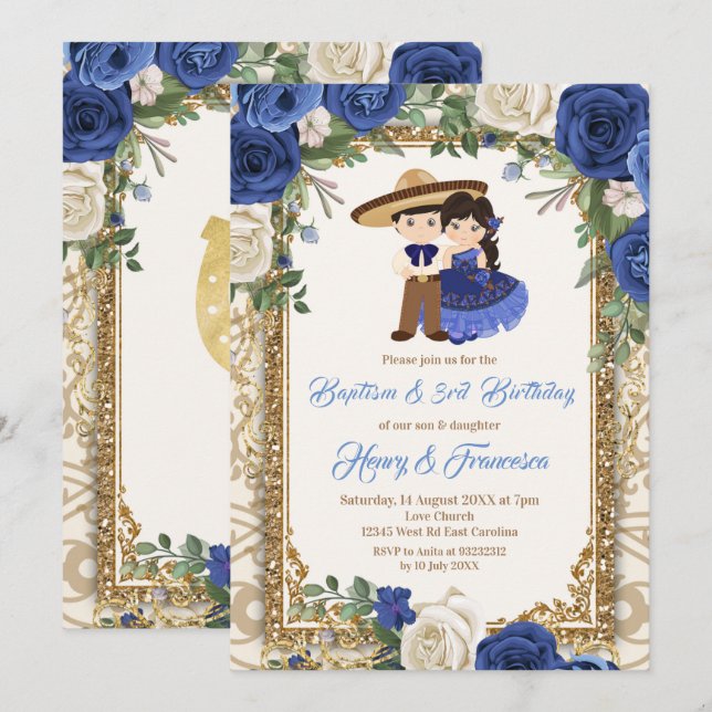 Fiesta Floral Sibling Blue Baptism & Birthday Invitation (Front/Back)