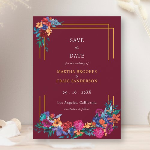 Fiesta Flower Save the Date Burgundy Wedding Invitation