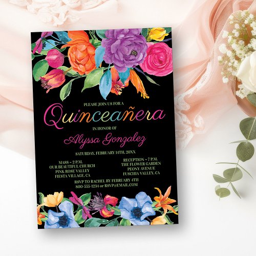 Fiesta Flowers Black Colorful Floral Quinceanera Invitation