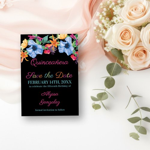 Fiesta Flowers Black Floral Quinceanera Save The Date