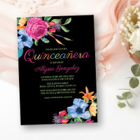 Fiesta Flowers Black Watercolor Floral Quinceanera