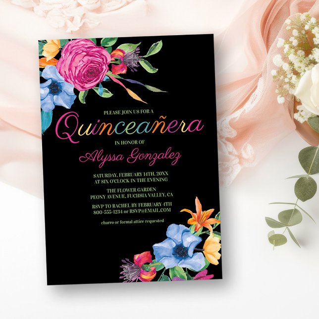 Fiesta Flowers Black Watercolor Floral Quinceanera Invitation (Quinceanera Invitation from my Fiesta Flowers Quinceanera Collection)
