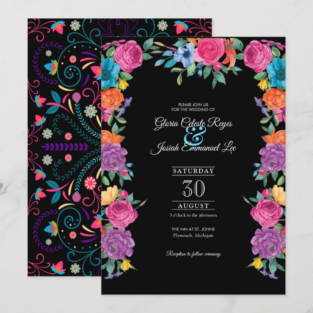 Fiesta Flowers & Mexican Embroidery Style Wedding  Invitation (Front/Back)