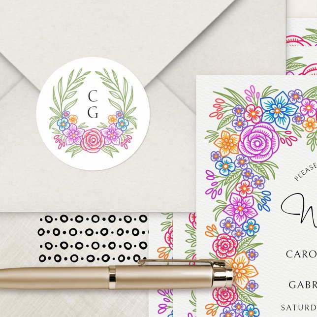 Fiesta Flowers Mexican Wedding Classic Round Sticker (Creator Uploaded)