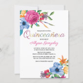 Fiesta Flowers Watercolor Floral White Quinceanera Invitation (Front)