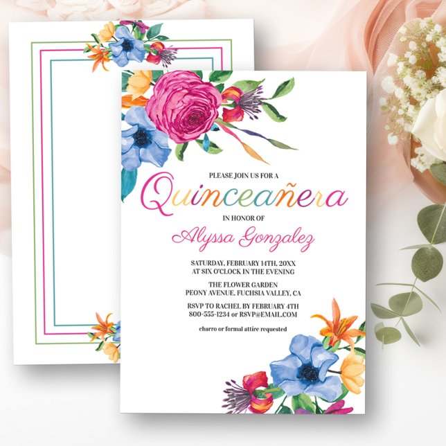 Fiesta Flowers Watercolor Floral White Quinceanera Invitation