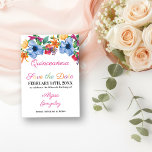 Fiesta Flowers White and Floral Quinceanera Save The Date<br><div class="desc">Quinceanera Save the Date Card with fiesta flowers in watercolor. This white card has an abundance of colorful flowers, elegant script and modern typography. A beautiful floral design including peony, rose, fuchsia, lily and greenery in shades of pink, purple, orange, yellow, green and blue. The template is set up ready...</div>