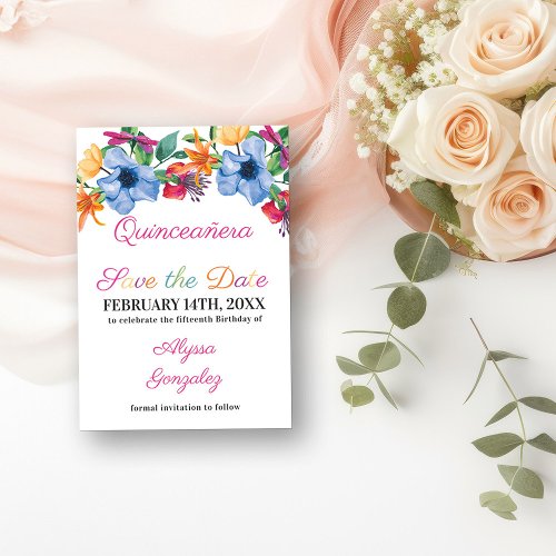 Fiesta Flowers White and Floral Quinceanera Save The Date