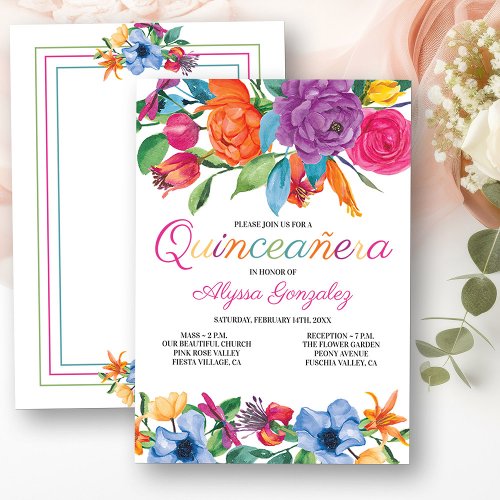 Fiesta Flowers White Colorful Floral Quinceanera Invitation
