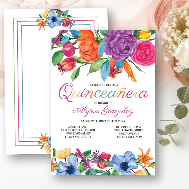 Fiesta Flowers White Colorful Floral Quinceanera Invitation (Mass & Quinceanera Invitation from my Fiesta Flowers Quinceanera Collection)