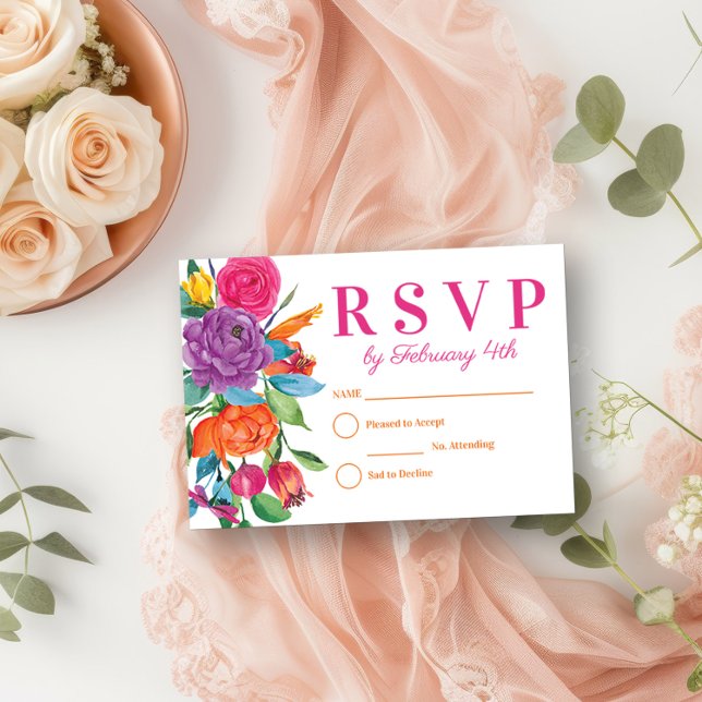 Fiesta Flowers White Watercolor Floral RSVP Card