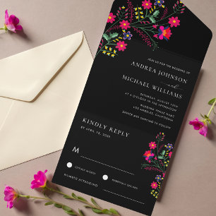 Fiesta Folk Mexican Flowers Colorful RSVP Wedding All In One Invitation