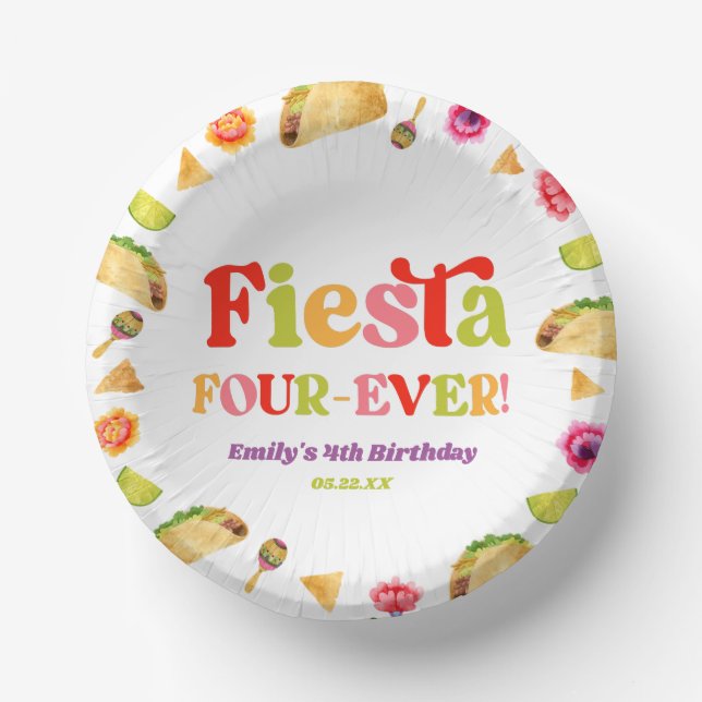 Fiesta Four-Ever Taco 4th Birthday Party Paper Bowls (Front)
